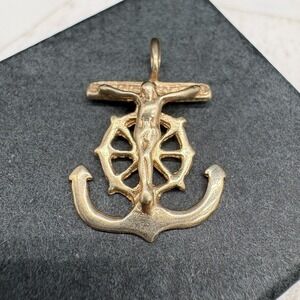 14K Gold Anchor Crucifix Jesus Mariner Pendant Vintage Nautical Religious 1.39 g